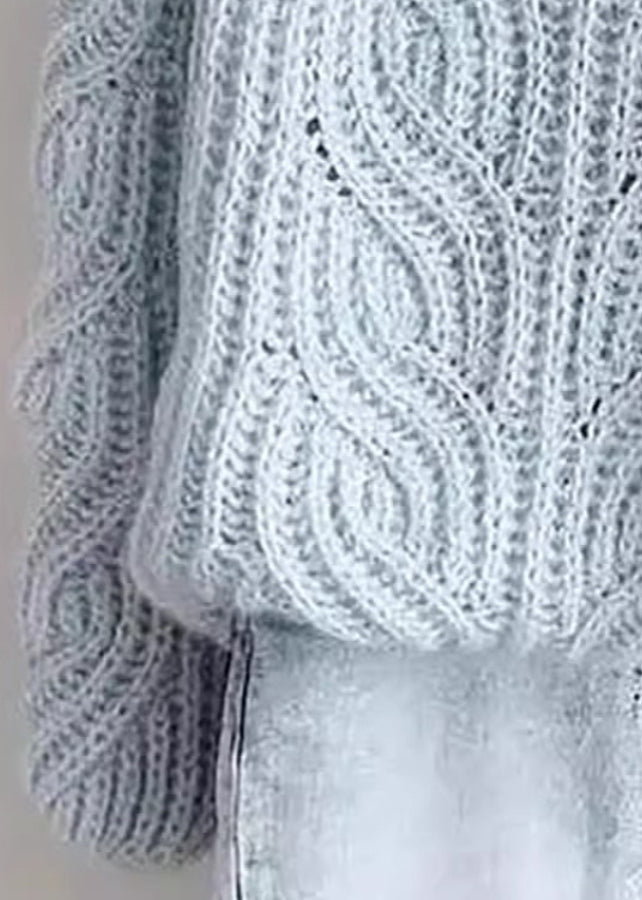 Simple Blue Turtleneck Hollow Out Knit Sweaters Spring Yw018