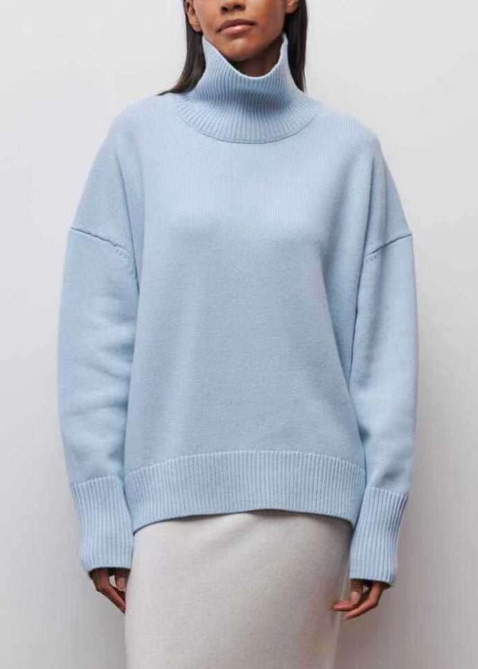Spring Turtleneck Simple Blue Knit Sweaters
