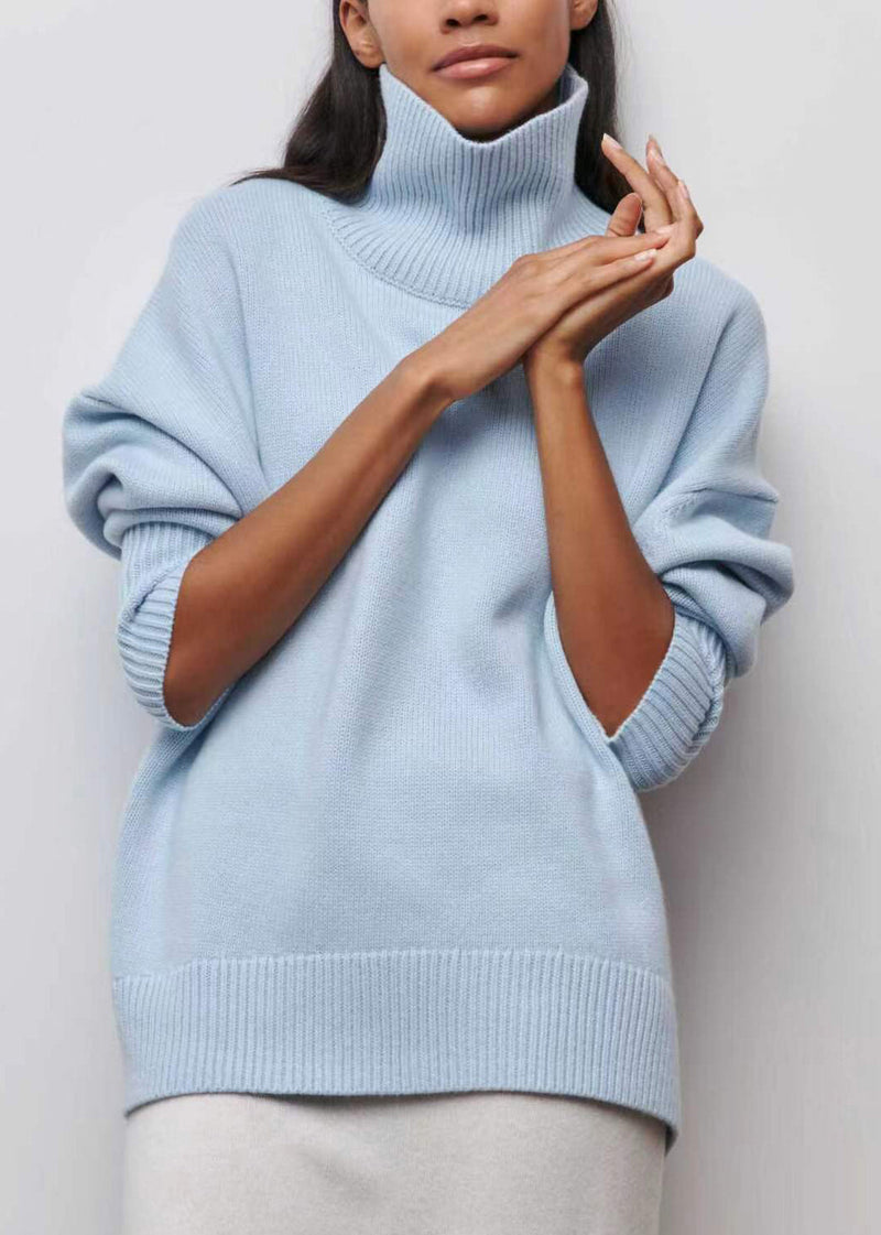 Spring Turtleneck Simple Blue Knit Sweaters