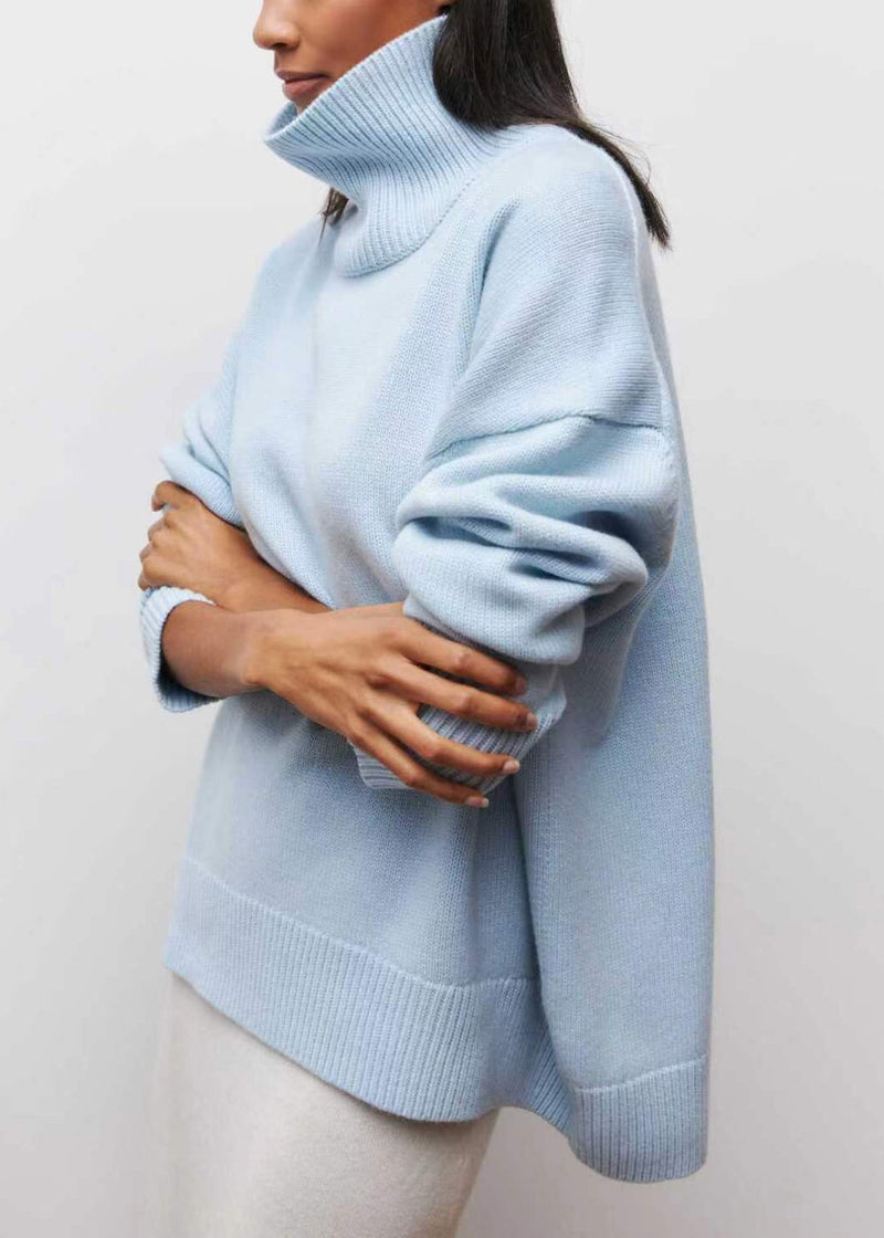 Spring Turtleneck Simple Blue Knit Sweaters