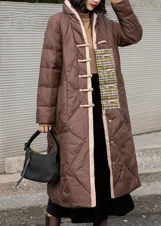 Simple Brown Patchwork Oriental Button Duck Down Puffer Outwear Winter Ly0012