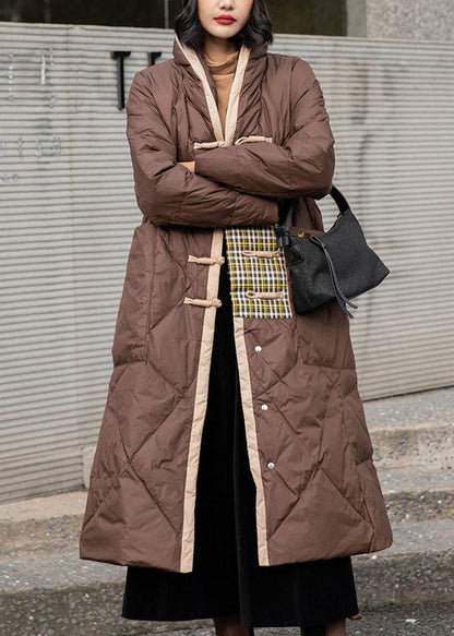 Simple Brown Patchwork Oriental Button Duck Down Puffer Outwear Winter Ly0012