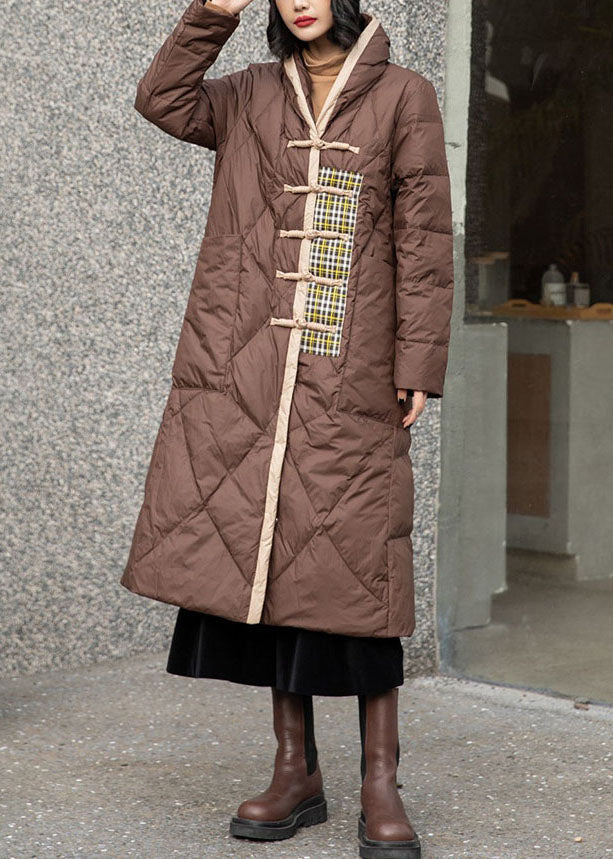 Simple Brown Patchwork Oriental Button Duck Down Puffer Outwear Winter Ly0012