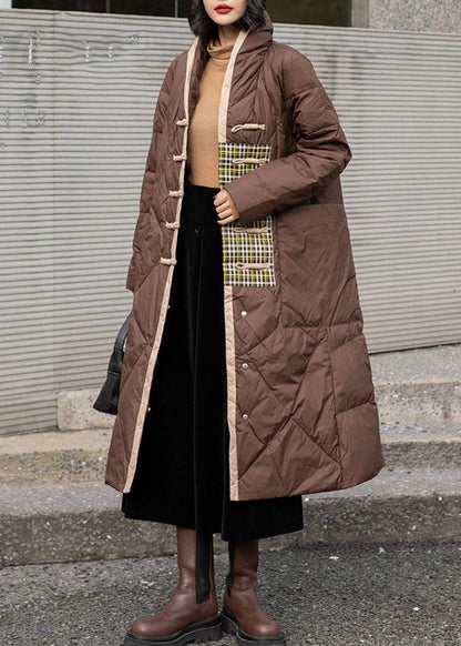 Simple Brown Patchwork Oriental Button Duck Down Puffer Outwear Winter Ly0012
