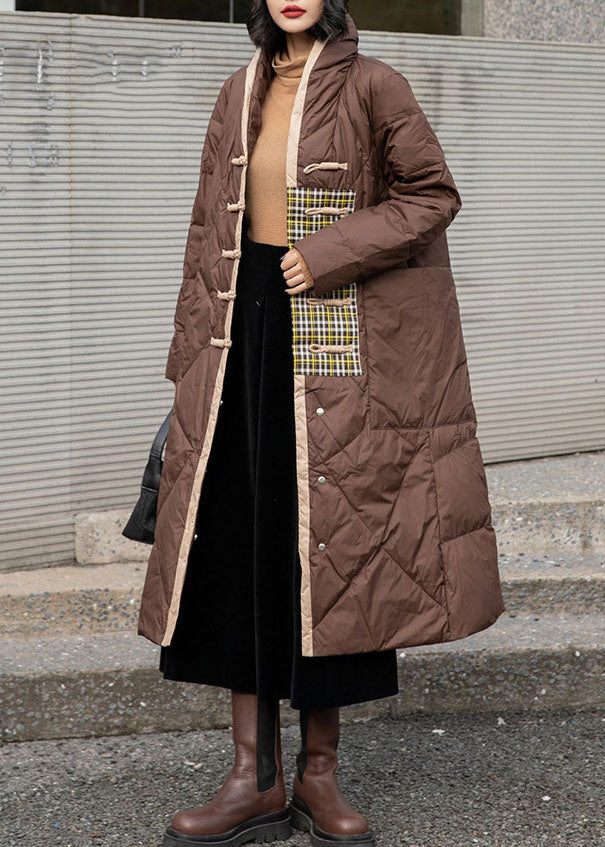 Simple Brown Patchwork Oriental Button Duck Down Puffer Outwear Winter Ly0012