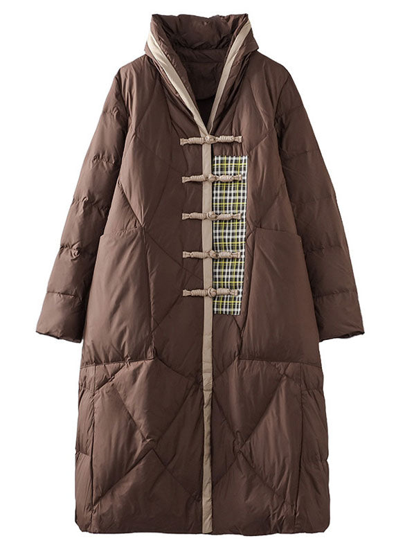 Simple Brown Patchwork Oriental Button Duck Down Puffer Outwear Winter Ly0012