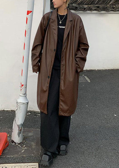 Simple Brown Peter Pan Collar Button Faux Leather Coats Spring Rn024