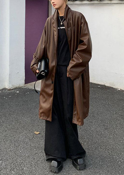 Simple Brown Peter Pan Collar Button Faux Leather Coats Spring Rn024