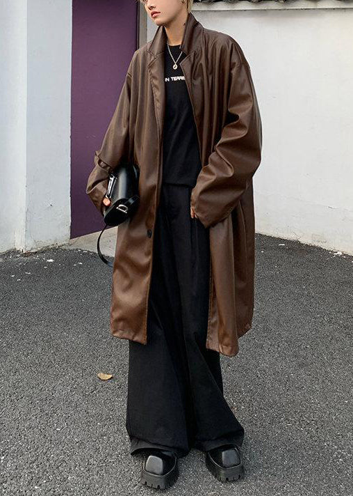 Simple Brown Peter Pan Collar Button Faux Leather Coats Spring Rn024