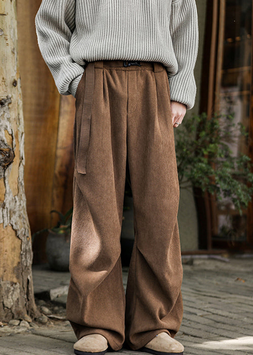 Simple Brown Pockets High Waist Warm Fleece Corduroy Pants Spring Rm023