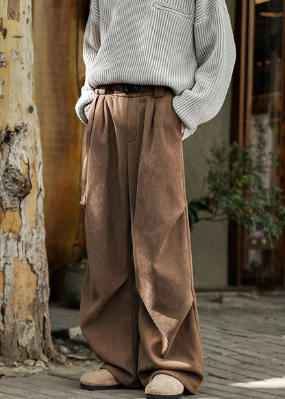 Simple Brown Pockets High Waist Warm Fleece Corduroy Pants Spring Rm023