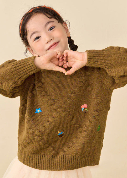 Simple Brown Print Thick Cotton Knit Sweater Puff Sleeve Wl041