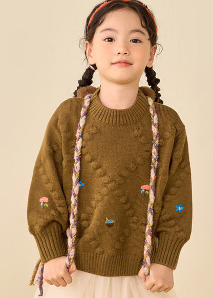 Simple Brown Print Thick Cotton Knit Sweater Puff Sleeve Wl041