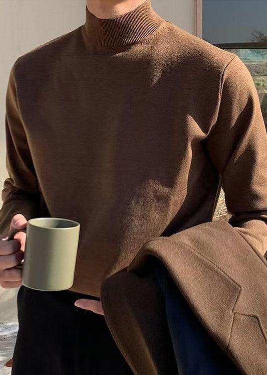Simple Brown Turtleneck Knit Sweaters Winter Rj039