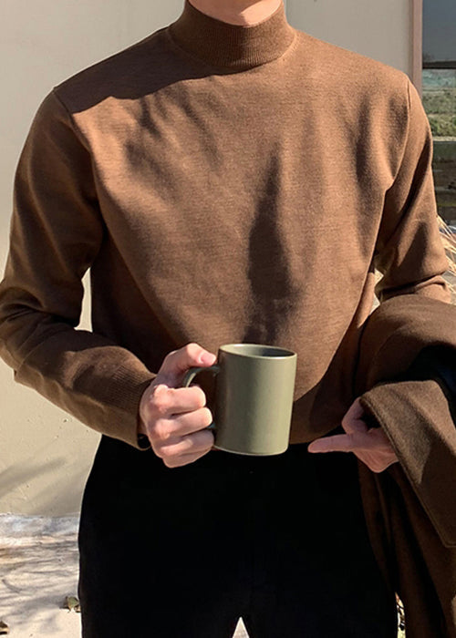 Simple Brown Turtleneck Knit Sweaters Winter Rj039