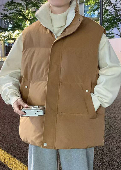 Simple Coffee Hooded Zippered Warm Fleece Waistcoat Winter Rn015