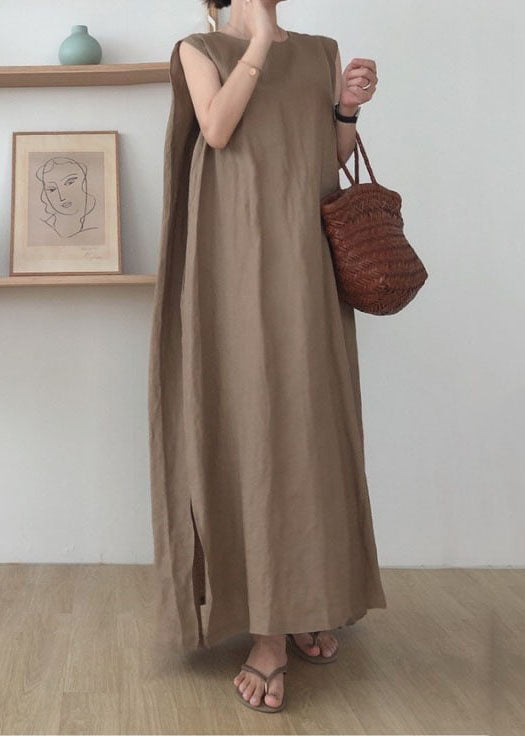 Simple Coffee O Neck Patchwork Cotton Maxi Dress Sleeveless Lc0435