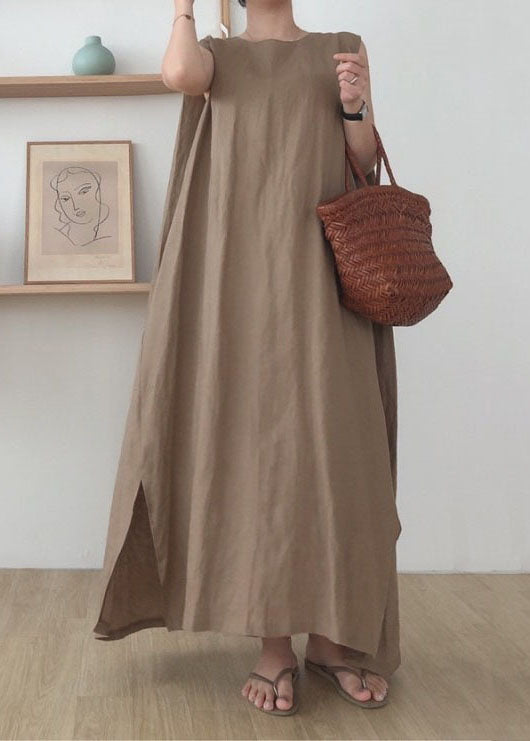 Simple Coffee O Neck Patchwork Cotton Maxi Dress Sleeveless Lc0435