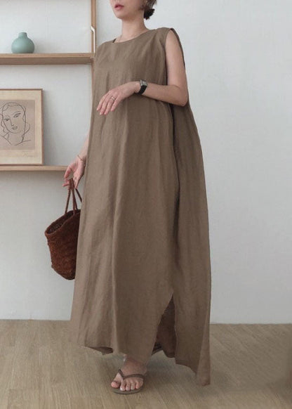 Simple Coffee O Neck Patchwork Cotton Maxi Dress Sleeveless Lc0435