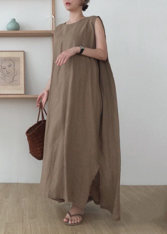 Simple Coffee O Neck Patchwork Cotton Maxi Dress Sleeveless Lc0435