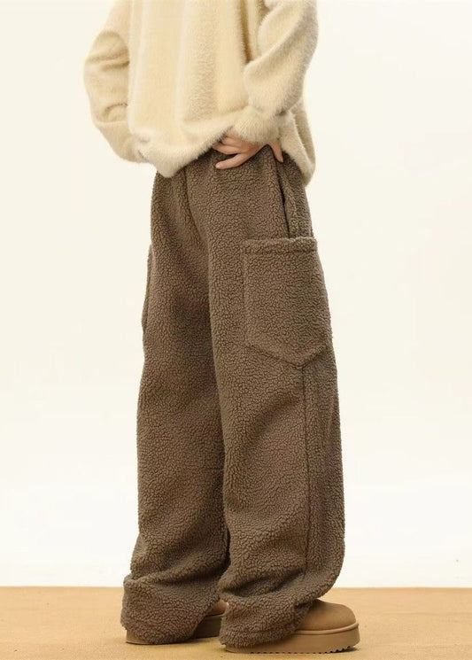 Simple Coffee Pockets Elastic Waist Teddy Faux Fur Pants Winter Rm022