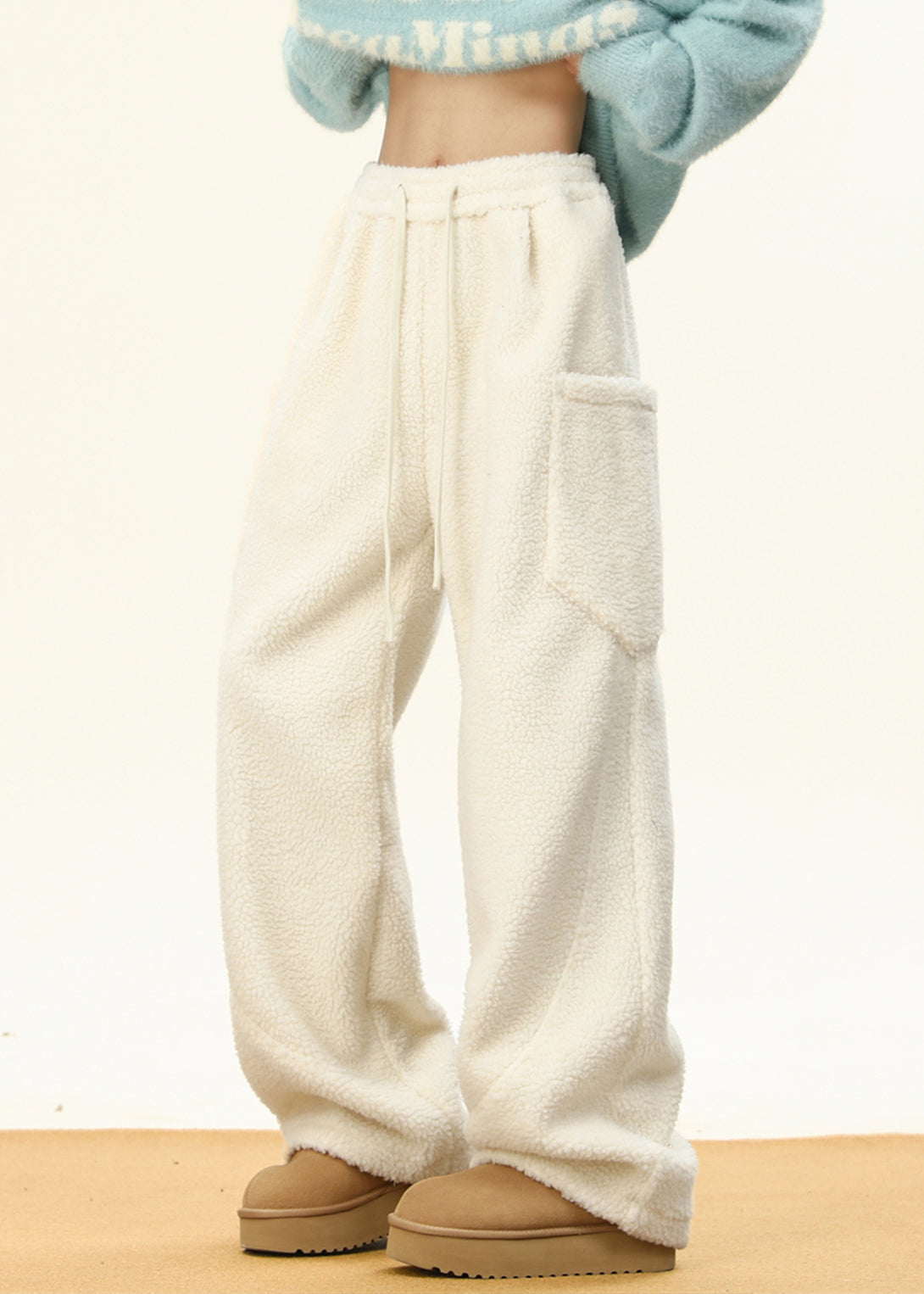 Simple Coffee Pockets Elastic Waist Teddy Faux Fur Pants Winter Rm022