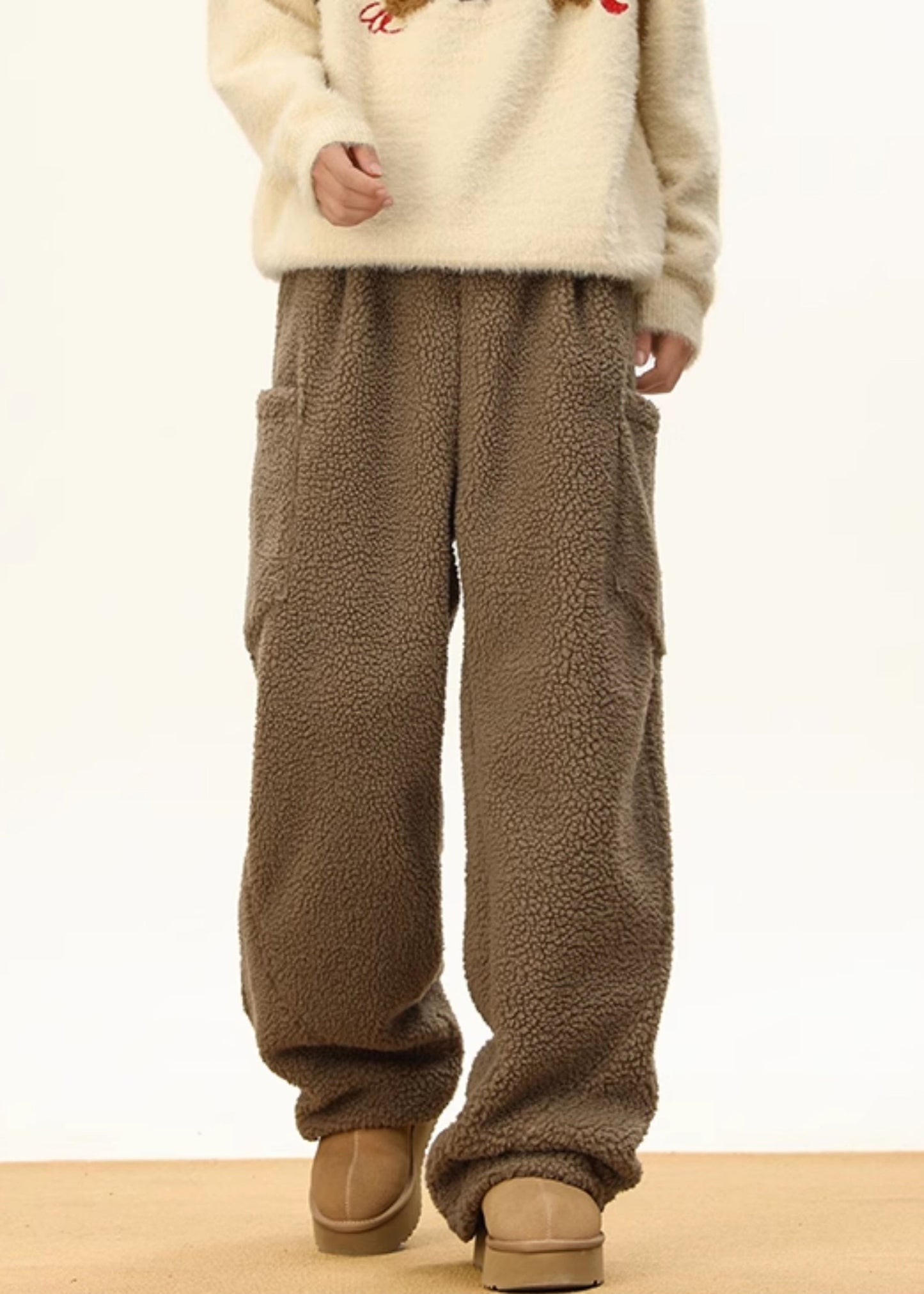 Simple Coffee Pockets Elastic Waist Teddy Faux Fur Pants Winter Rm022
