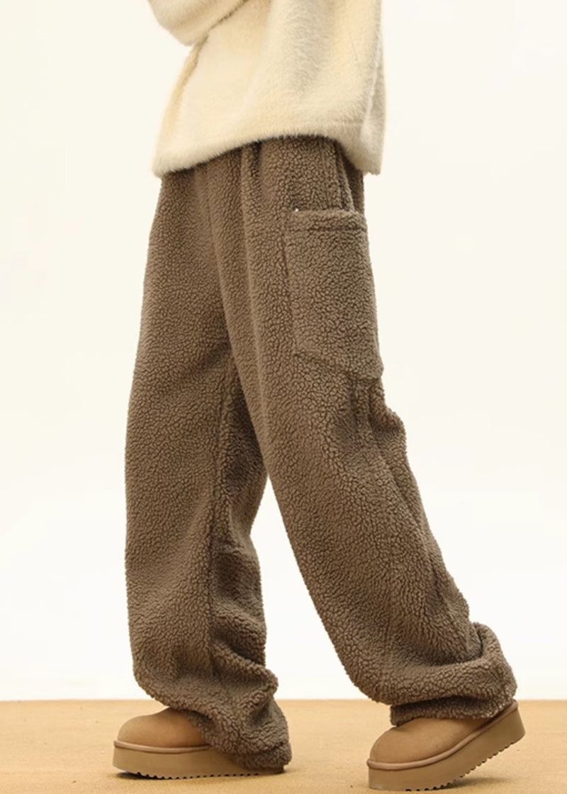 Simple Coffee Pockets Elastic Waist Teddy Faux Fur Pants Winter Rm022