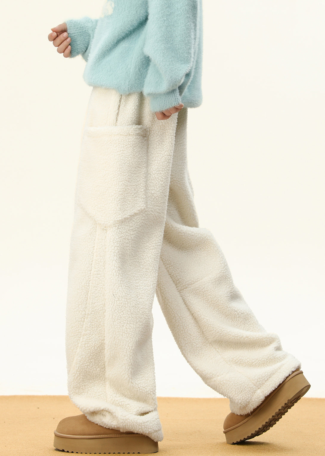 Simple Coffee Pockets Elastic Waist Teddy Faux Fur Pants Winter Rm022