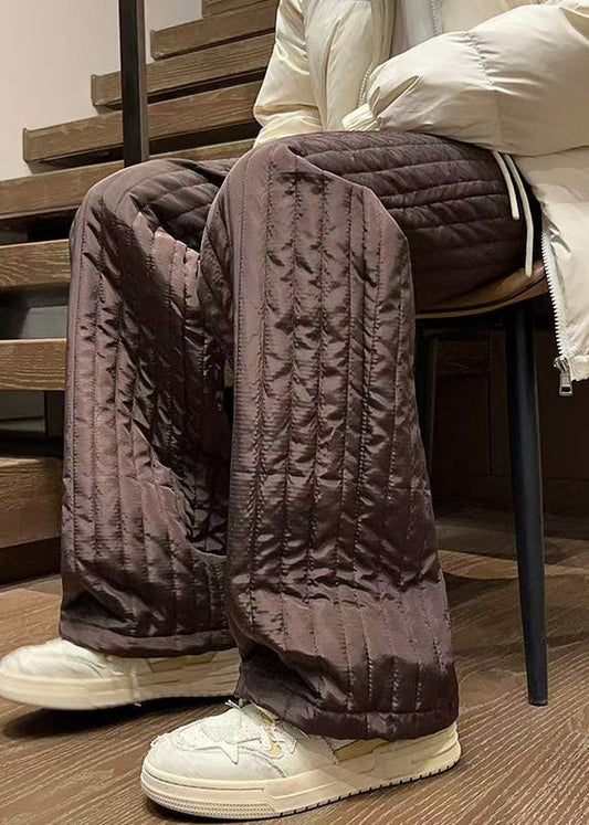 Simple Coffee Pockets Elastic Waist Cotton Filled Pants Winter Rm031