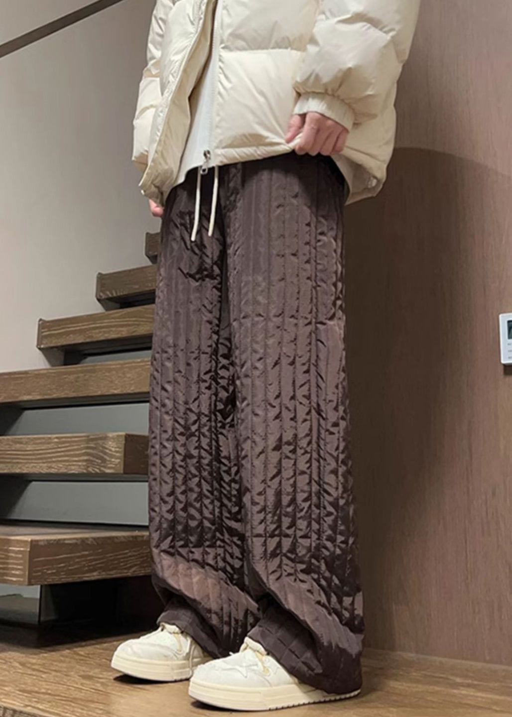 Simple Coffee Pockets Elastic Waist Cotton Filled Pants Winter Rm031