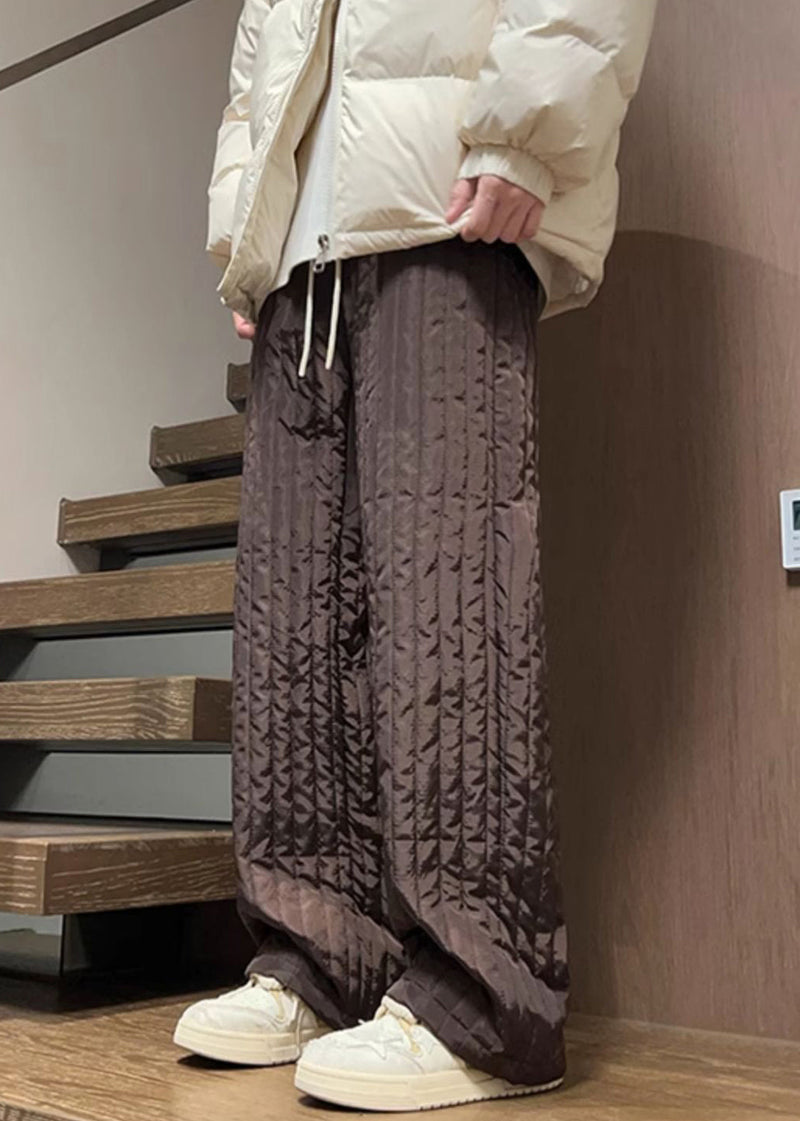 Simple Coffee Pockets Elastic Waist Cotton Filled Pants Winter Rm031