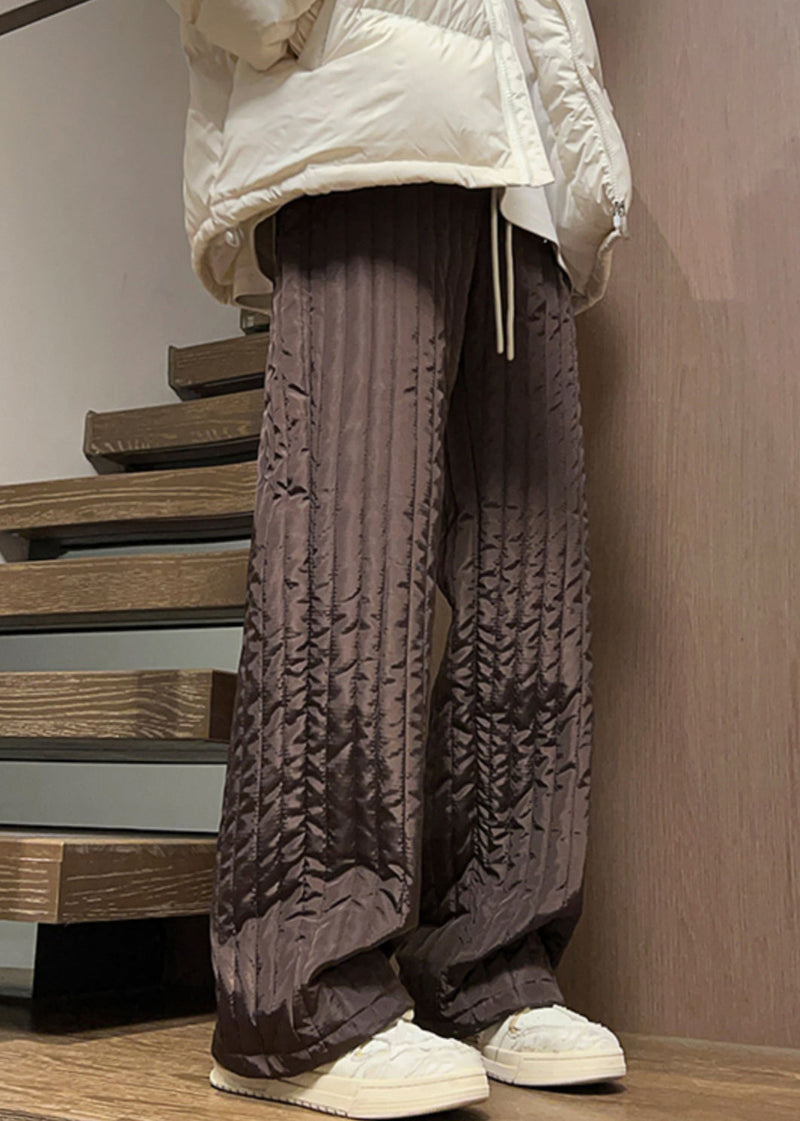 Simple Coffee Pockets Elastic Waist Cotton Filled Pants Winter Rm031
