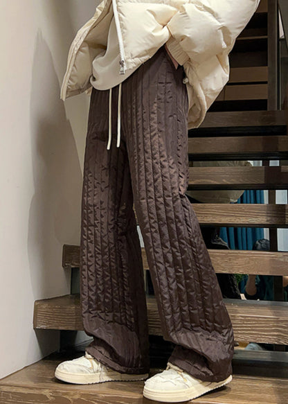 Simple Coffee Pockets Elastic Waist Cotton Filled Pants Winter Rm031