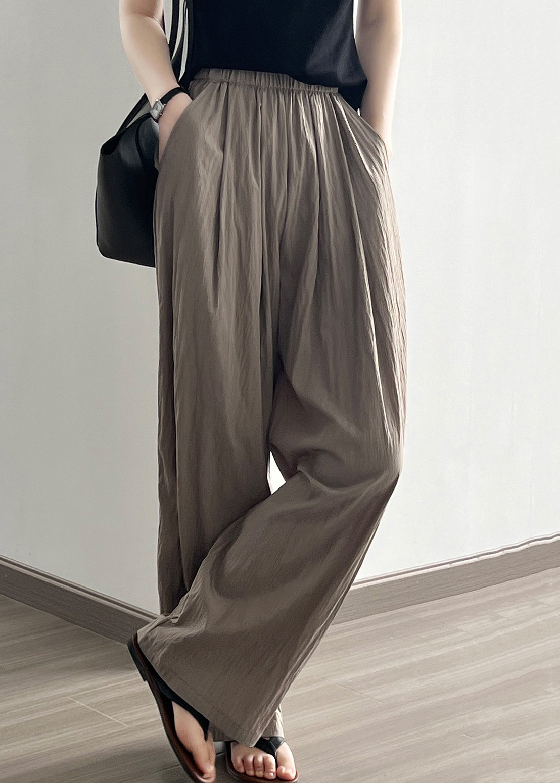 Simple Coffee Wrinkled Pockets Cotton Pants Summer Qe004