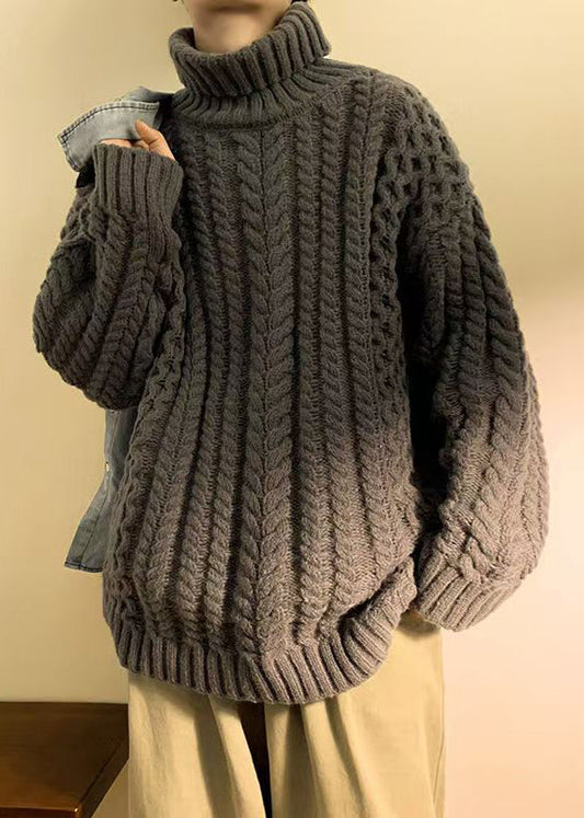 Simple Dark Gray Cozy Cotton Cable Knit Sweaters Turtleneck Winter Rj043