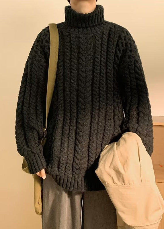 Simple Dark Gray Cozy Cotton Cable Knit Sweaters Turtleneck Winter Rj043