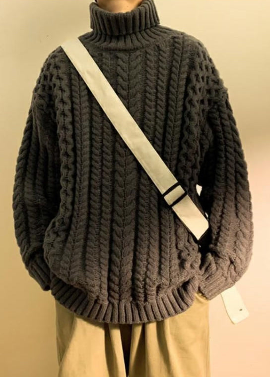 Simple Dark Gray Cozy Cotton Cable Knit Sweaters Turtleneck Winter Rj043