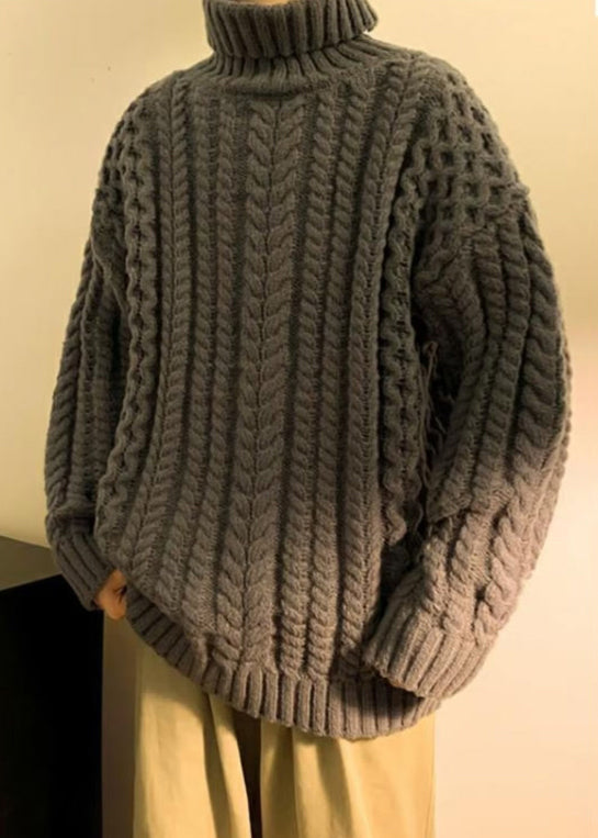 Simple Dark Gray Cozy Cotton Cable Knit Sweaters Turtleneck Winter Rj043