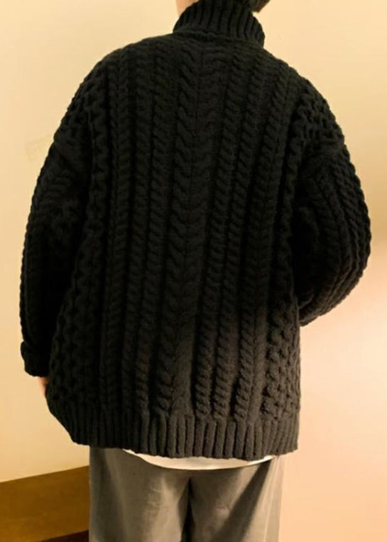 Simple Dark Gray Cozy Cotton Cable Knit Sweaters Turtleneck Winter Rj043