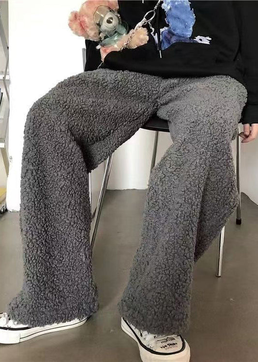 Simple Dark Gray Drawstring Teddy Faux Fur Beam Pants Winter Rm036
