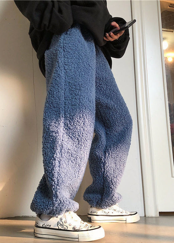 Simple Dark Gray Drawstring Teddy Faux Fur Beam Pants Winter Rm036