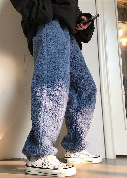 Simple Dark Gray Drawstring Teddy Faux Fur Beam Pants Winter Rm036