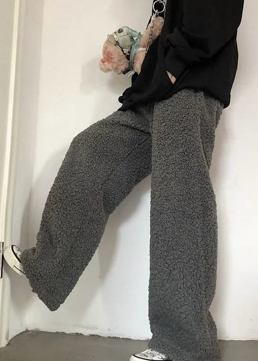 Simple Dark Gray Drawstring Teddy Faux Fur Beam Pants Winter Rm036