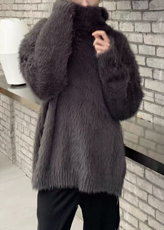 Simple Dark Gray Mink Hair Knitted Sweaters Turtleneck Winter Rc041