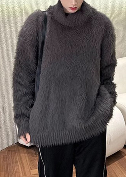 Simple Dark Gray Mink Hair Knitted Sweaters Turtleneck Winter Rc041