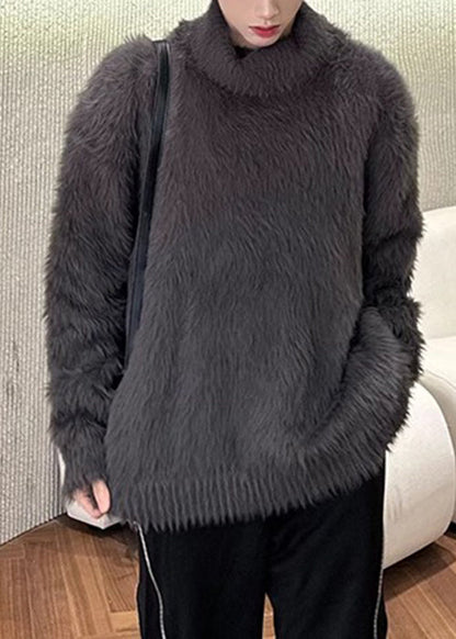 Simple Dark Gray Mink Hair Knitted Sweaters Turtleneck Winter Rc041