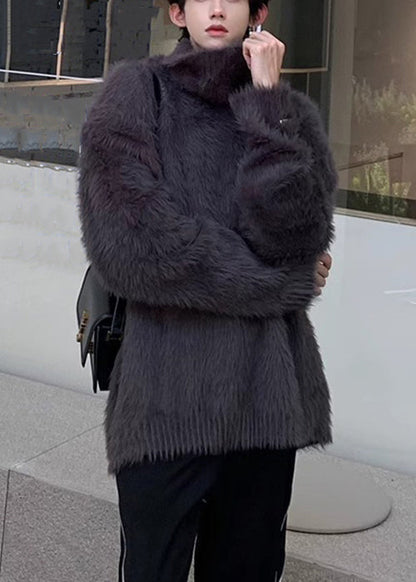 Simple Dark Gray Mink Hair Knitted Sweaters Turtleneck Winter Rc041