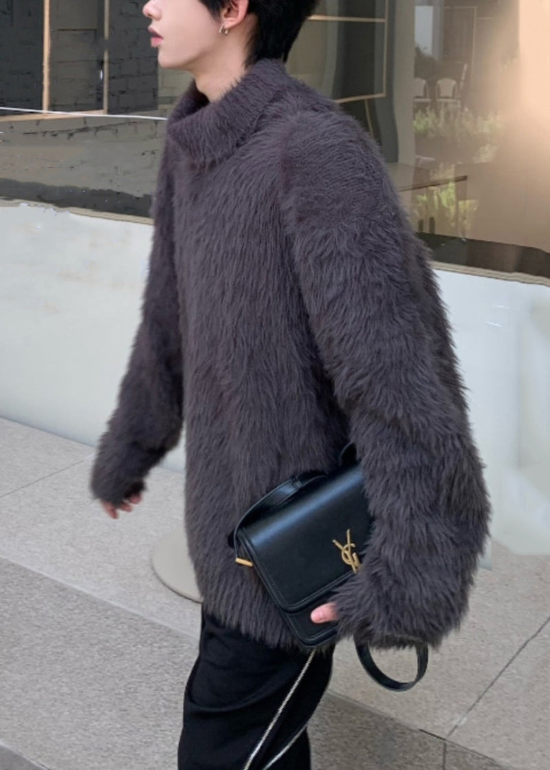 Simple Dark Gray Mink Hair Knitted Sweaters Turtleneck Winter Rc041