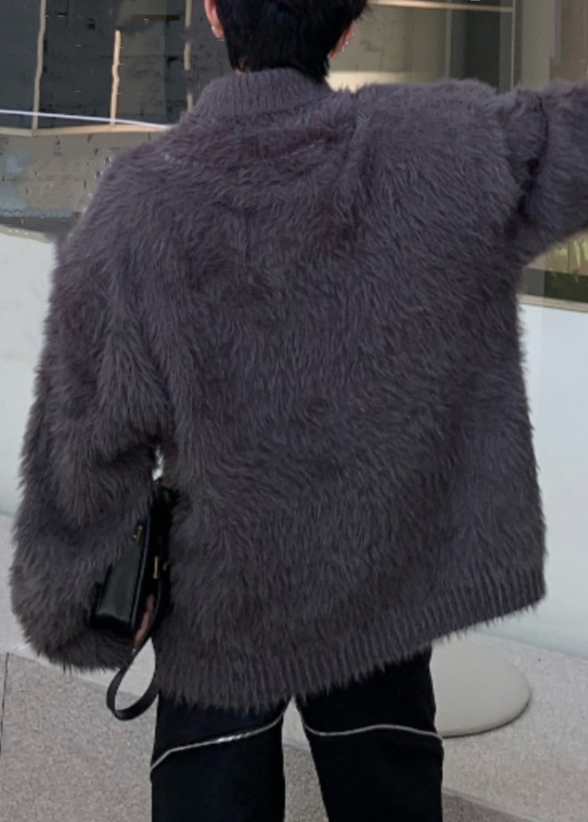 Simple Dark Gray Mink Hair Knitted Sweaters Turtleneck Winter Rc041